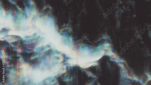Digital Cloudscape with Iridescent Light Trails and Glitch Effect on Dark Futuristic Background
