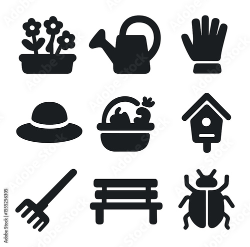 Garden Holiday Icons. Solid, filled icons set of garden holidays: flower bed, watering can, gloves, sun hat,