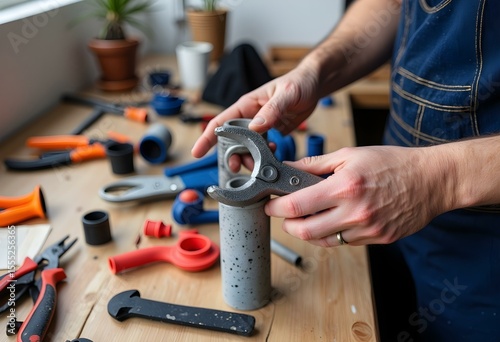 Plumber Hands Tightening Pipe Nut with Wrench – Repair and Technical Assistance Concept

