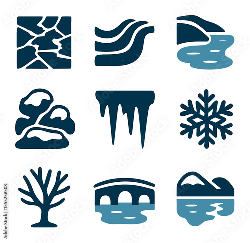 Icy River Icon Grid. Solid, filled icons set of icy river landscapes: cracked ice, flowing water, riverbank,