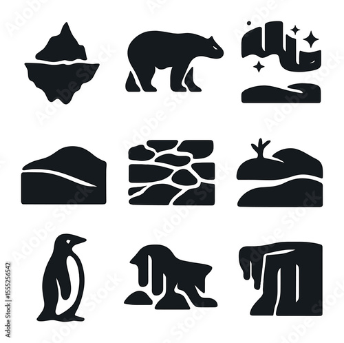 Polar Icon Collection. Solid, filled icons set of polar landscapes: iceberg, polar bear, ice field, northern
