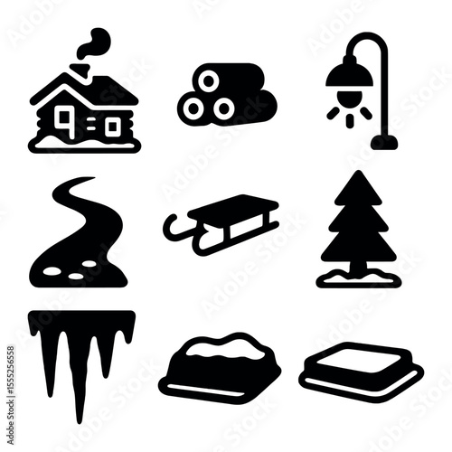 Winter Cabin Icons. Solid, filled icons set of cabin in snow: wood cabin, smoke chimney, woodpile, porch light