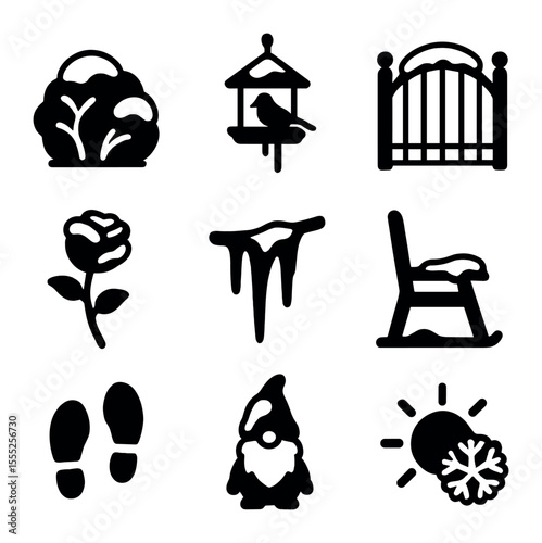 Icy Garden Icons. Solid, filled icons set of icy garden: frozen bush, bird feeder, frosted gate, snow-covered