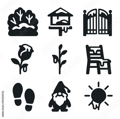 Icy Garden Icons. Solid, filled icons set of icy garden: frozen bush, bird feeder, frosted gate, snow-covered