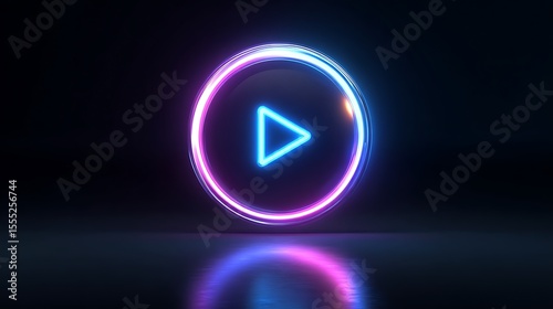 Glowing neon play button icon with a circular frame and reflection on a dark background