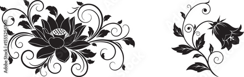 Black silhouette floral design with lotus and bellflower elements on white background