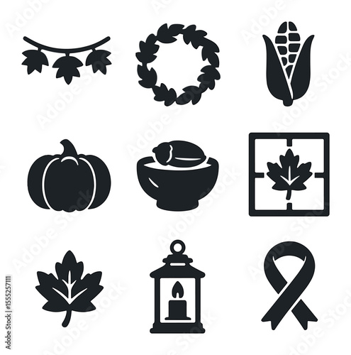 Fall Decor Icons. Solid, filled icons set of fall decor: leaf garland, wreath, corn husk, pumpkin, acorn bowl,