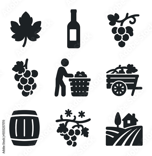 Vineyard Icon Set. Solid, filled icons set of vineyard in autumn: grape leaf, wine bottle, vine line, leaf