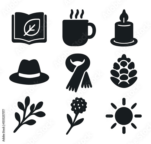 Nature Still Life Icons. Solid, filled icons set of nature still life: leaf and book, mug, candle, hat, scarf,