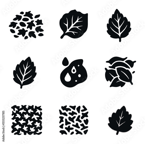 Leaf Texture Icons Grid. Solid, filled icons set of fallen leaf textures: scattered pile, crumpled edge, veiny