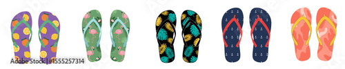 Collection of colorful and patterned flip flops on a white background with copy space
