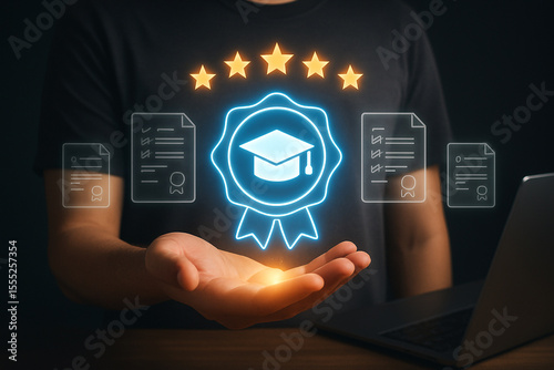 Person presenting glowing graduation cap badge with five stars and document icons above hand near laptop