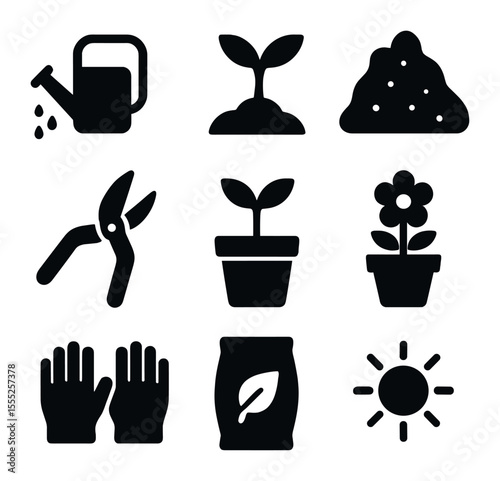 Seasonal Plant Care Icons. Solid, filled icons set of seasonal plant care: watering can, plant sprout, soil