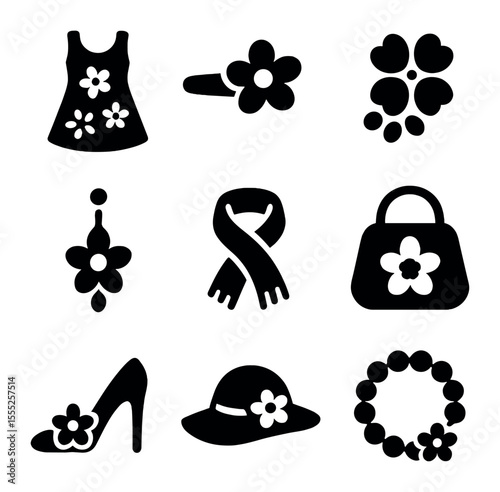 Seasonal Floral Fashion Icons. Solid, filled icons set of seasonal floral fashion: floral dress, blossom hair
