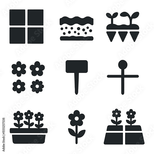Garden Planning Icons. Solid, filled icons set of flower bed planning: layout grid, soil layers, sprout