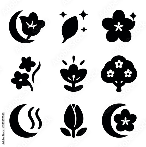 Night Bloom Icons. Solid, filled icons set of night bloom icons: moon flower, petal under stars, dark sky