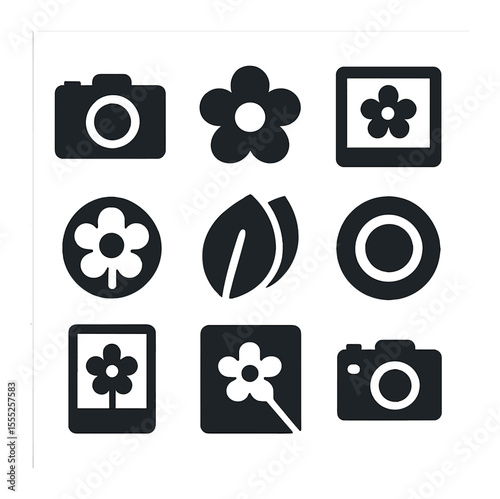 Blossom Photography Icons Grid. Solid, filled icons set of blossom photography: camera, macro flower, bloom in