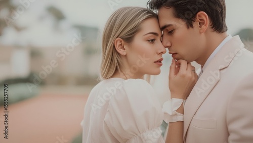 Romantic young couple in elegant white attire embracing tenderly outdoors, perfect for wedding, engagement, love, relationship themes, soft natural lighting, blurred background, intimate mood