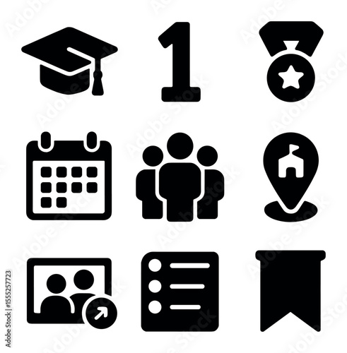 Graduation Icon Grid. Solid, filled icons set of class of the year: graduation cap, class number, badge,