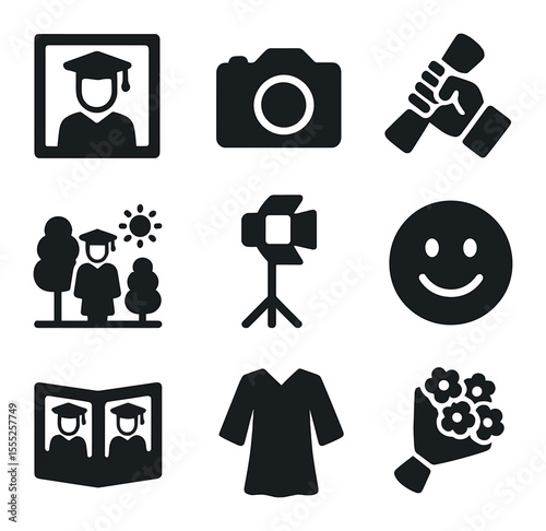 Graduation Icons Set. Solid, filled icons set of graduation photo shoot: photo frame, camera icon, diploma in