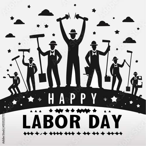 Happy Labor day design concept with silhouette of workers with white background