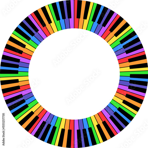 vector round frame of piano keyboard with rainbow colored keys isolated on white background. modern music illustration. classic music. template for piano concert