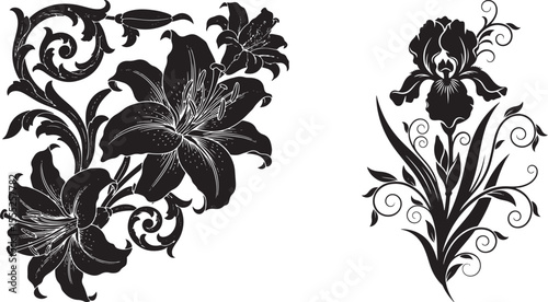 Black silhouette of lilies and iris with ornate scrollwork on white background floral
