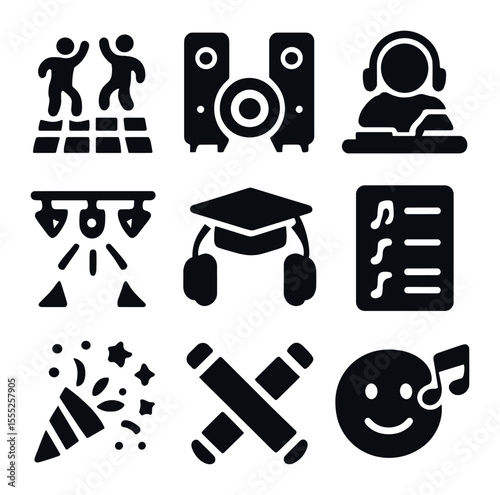 Graduation Party Icons. Solid, filled icons set of graduation playlist party: dance floor, speaker system, DJ