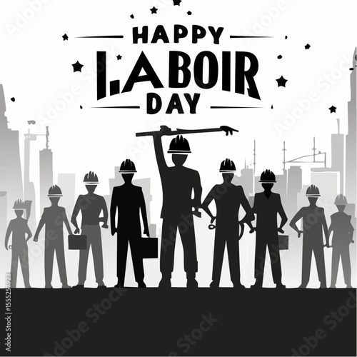Happy Labor day design concept with silhouette of workers with white background