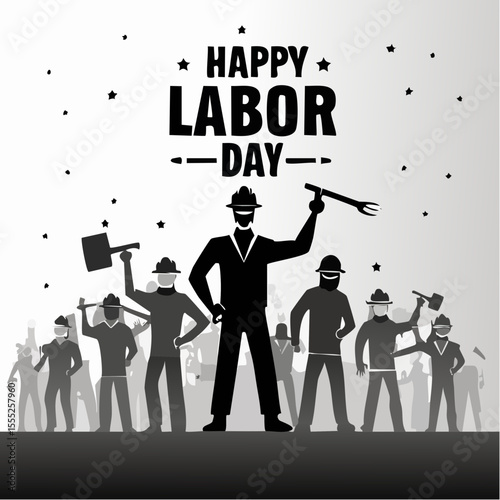 Happy Labor day design concept with silhouette of workers with white background