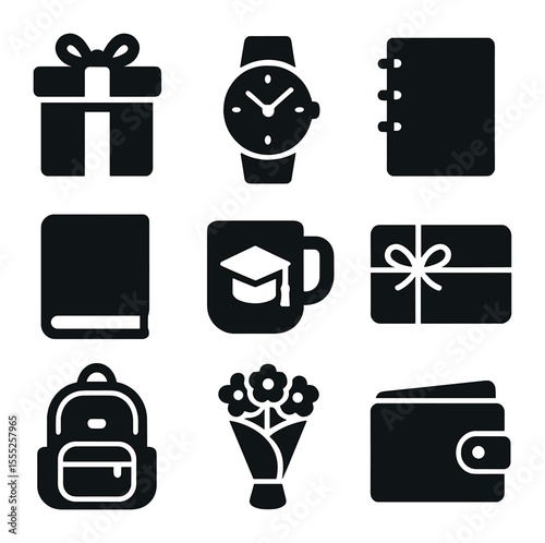 Graduation Gift Icons. Solid, filled icons set of graduation gift ideas: gift box, watch, planner, book, cap