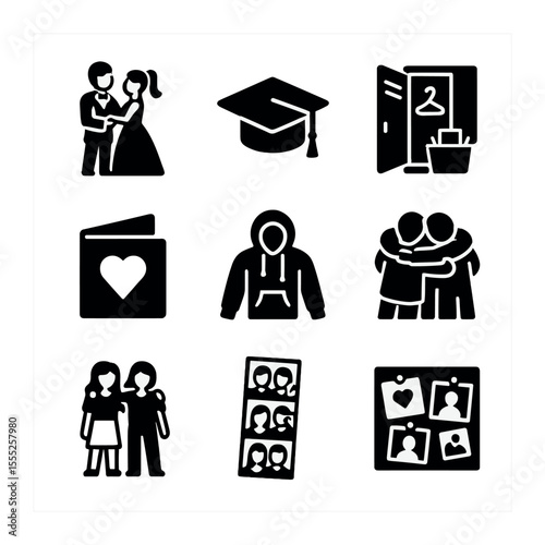 Senior Year Icons. Solid, filled icons set of senior class moments: prom icon, graduation cap, locker cleanout