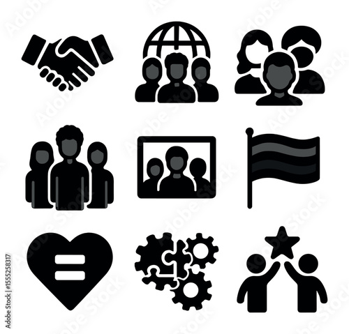 Diverse Workplace Icons. Solid, filled icons set of workplace diversity: handshake, globe, multi-ethnic icons,