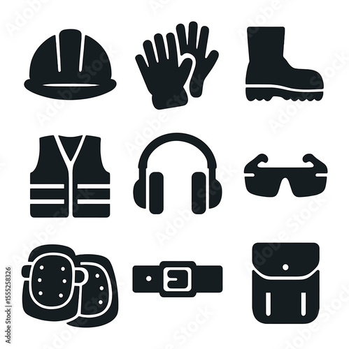 Construction Gear Icons. Solid, filled icons set of construction gear: helmet, gloves, boots, vest, ear muffs,