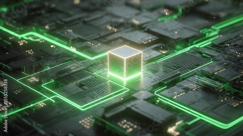 Glowing neon green cube rests on a futuristic circuit board with data streams