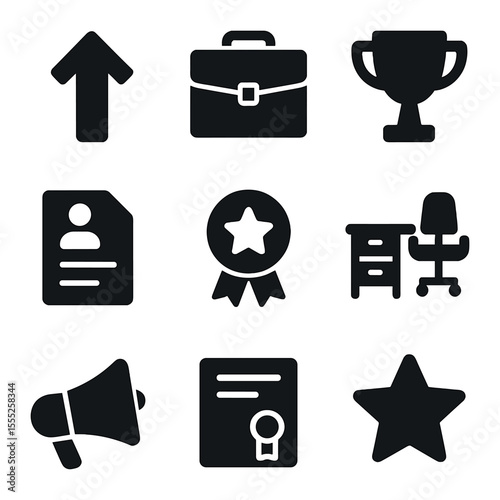 Job Promotion Icons. Solid, filled icons set of job promotion: arrow up, briefcase, trophy, resume, award