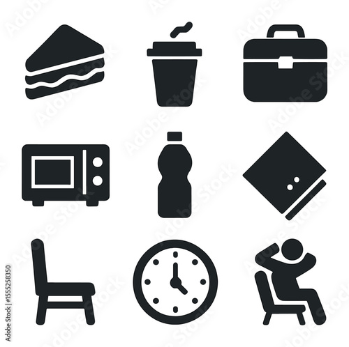 Lunch Break Icons. Solid, filled icons set of lunch break: sandwich, coffee cup, lunchbox, microwave, water