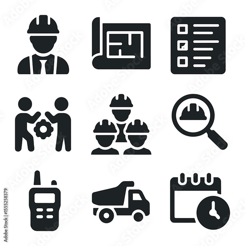 Construction Team Icons. Solid, filled icons set of construction team: foreman icon, blueprint, task board,
