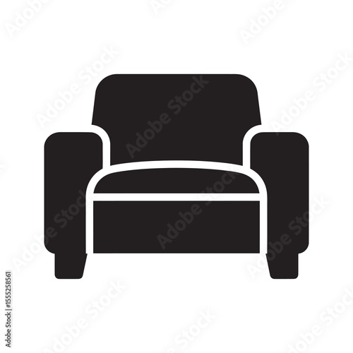 Armchair icon for living room furniture and comfortable seating relax in a lounge or waiting area with a soft chair for home interior design vector solid glyph icon