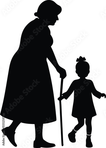 Grandmother and Granddaughter Walking Silhouette Generational Family Love Vector Illustration new 2025 trendy