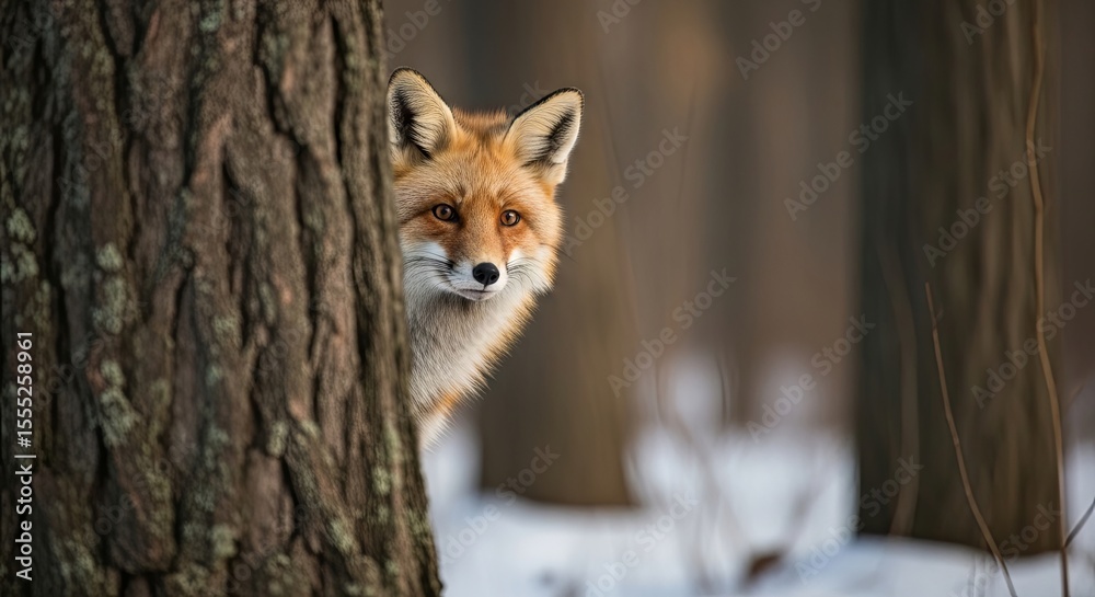 Obraz premium Red Fox Peeking from Behind a Tree in a Snowy Winter Forest