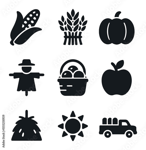 Harvest Festival Icons. Solid, filled icons set of harvest festivals: corn, wheat bundle, pumpkin, scarecrow,