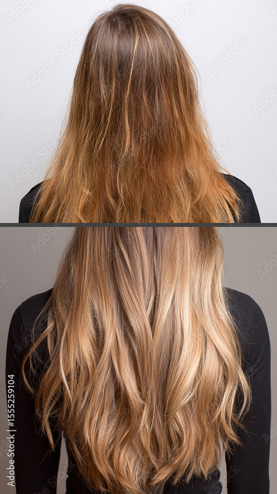 Naklejka premium Hair Transformation: Witness a remarkable hair transformation from dull, damaged locks to luscious, flowing waves, a before-and-after testament to beauty and rejuvenation.