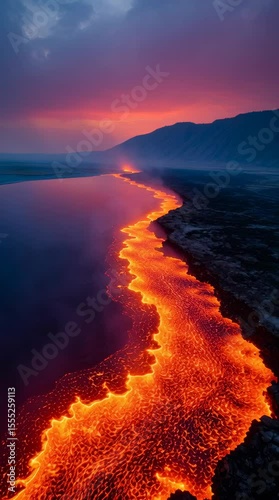 A river of molten lava flowing from a volcano at sunset