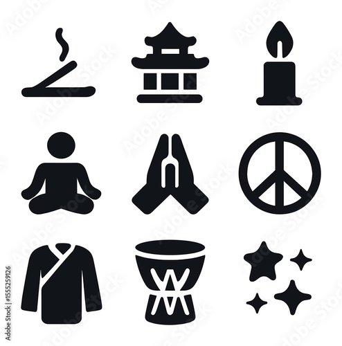 Spiritual Ceremony Icons. Solid, filled icons set of spiritual ceremonies: incense stick, temple, candle flame