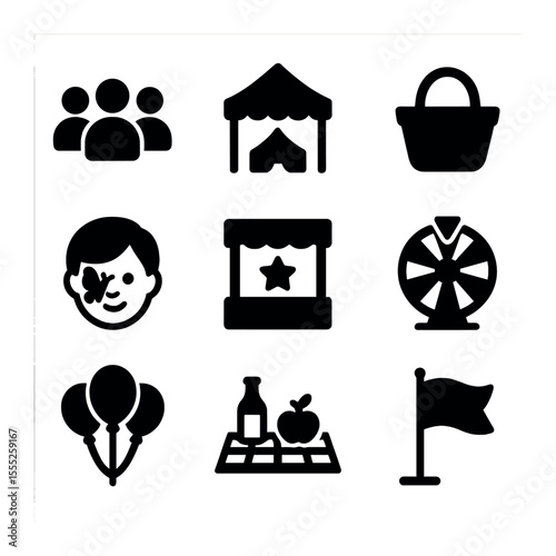 Community Festival Icons. Solid, filled icons set of community festivals: group icon, local tent, market