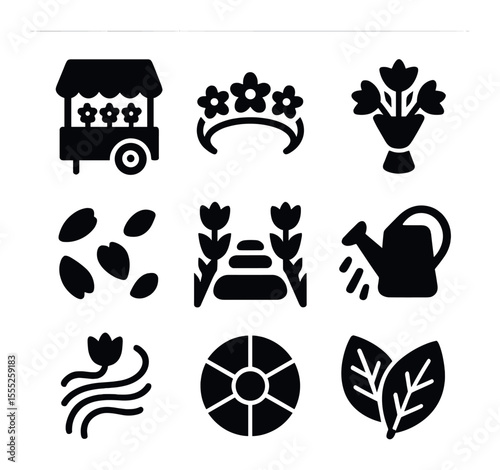 Floral Festival Icons. Solid, filled icons set of floral festivals: flower cart, headband, bouquet, petals,