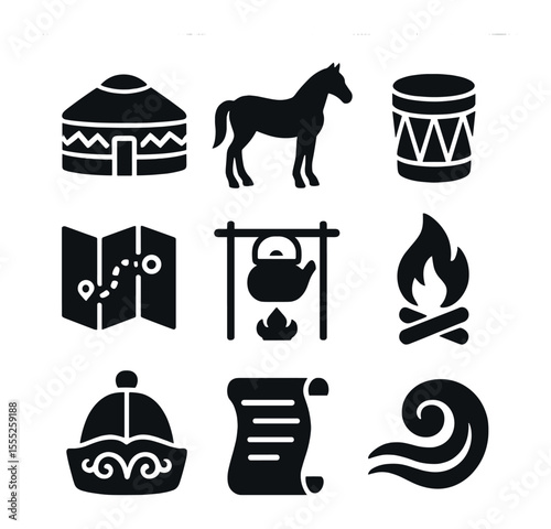 Nomadic Culture Icons. Solid, filled icons set of nomadic culture events: yurt, horse, drum, map, kettle,