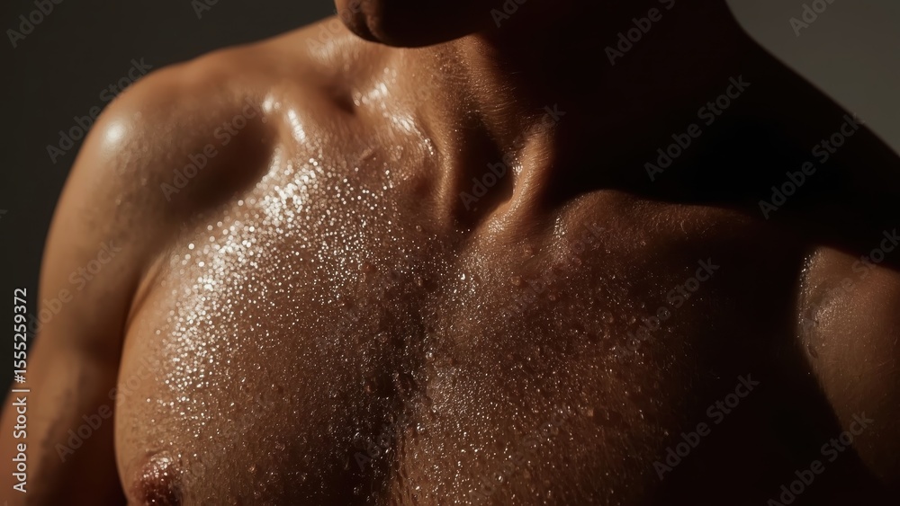 Fototapeta premium Close-up of male muscular chest glistening with sweat under dramatic lighting, dark background, healthy skin texture, fitness, strength, athletic physique, wellness concept, moody atmosphere