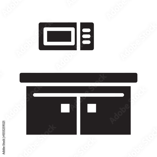 Kitchenette icon with microwave and counter for hotel room or small apartment a compact kitchen area for preparing simple food and drink vector solid glyph icon